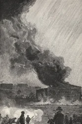 Ein brennender Öltank, Fassungsvermögen 3500 Barrel, aus 